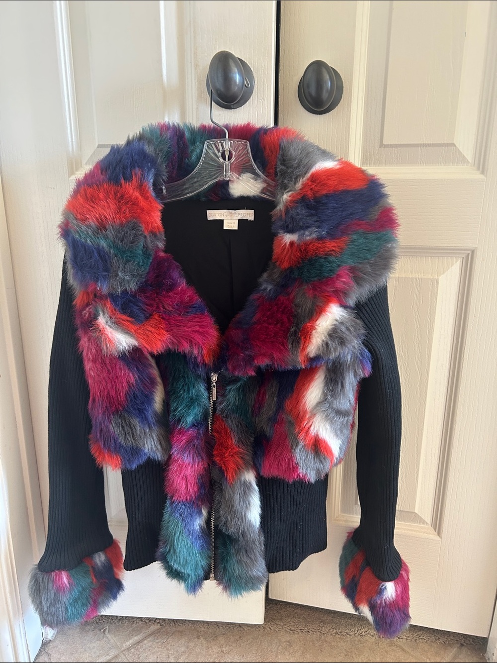 Boston Proper Black Ribbed Teddy Jacket with Multicolor Faux Fur Trim